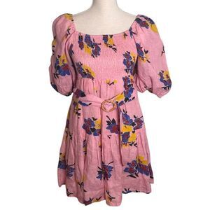 Place Nationale Pink Linen Floral Mini Dress Small